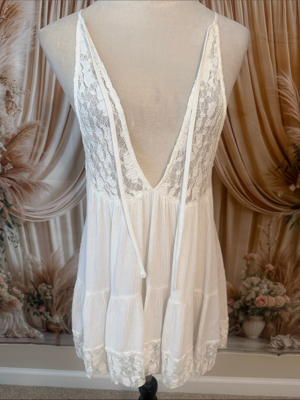 White Lace-Trim Plunge Swim Coverup with Adjustable Ties